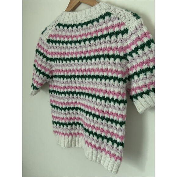 Zara Sweater Womens M Pink Striped Green Open Knit Short Sleeve Soft Cozy - Picture 4 of 7